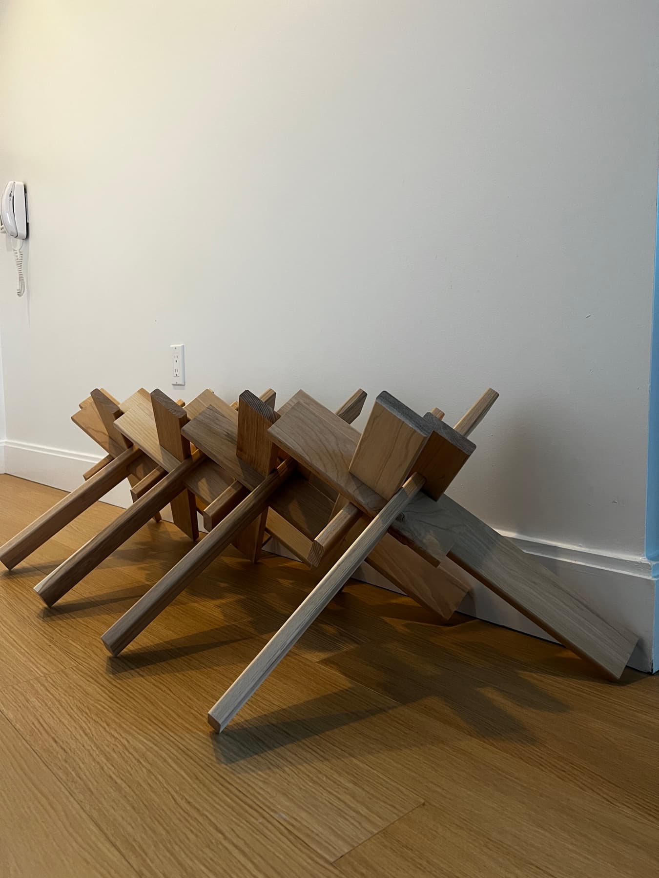Multiple table bases stacked and assembled