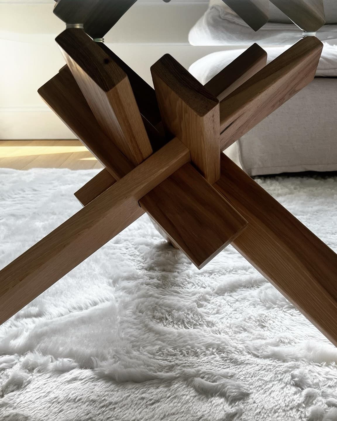 Close-up of the interlocking walnut wood joint