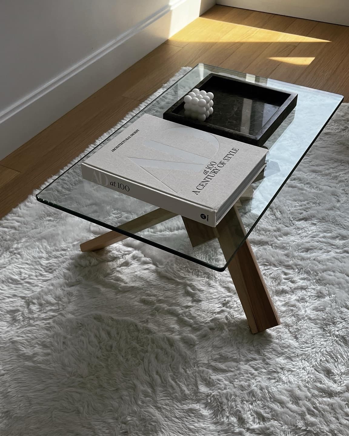 Dashidar solid wood coffee table with glass top, handcrafted in Brooklyn NY